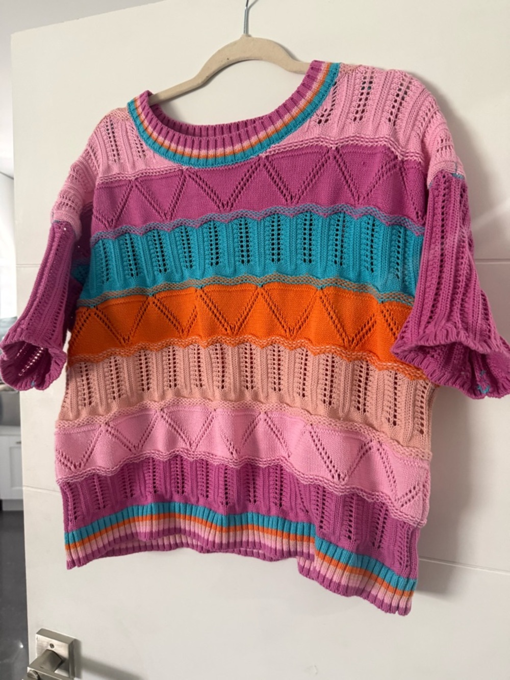 Colorblock Knit Short-Sleeve light Sweater - Pink Multi